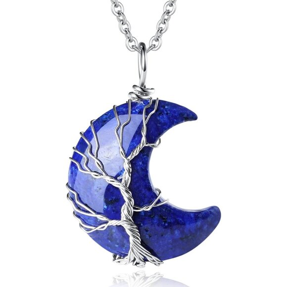 Women's Blue Crescent Moon Tree Wire Wrapped Crystal Natural Gemstone Necklace - Picture 1 of 6